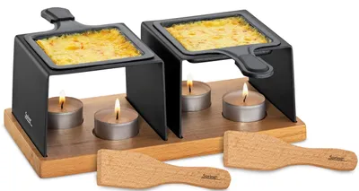 Raclette-Set mit Teelichtern, 2 Pfännchen, 2 Schabern, 4 Teelichtern