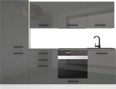 Image de Belini Cuisine bloc Sandy - Meubles de cuisine 240 cm Cuisine équipée sans électroménager avec meubles hauts et bas, avec plans de travail, argent brillant