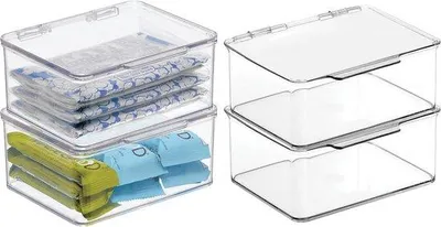 Produktbild von Unyqoos® Set (4) stapelbare Kunststoff-Aufbewahrungsboxen mit Deckel, transparent, BPA-frei, 16,5×12,7×7,62 cm – Küchen- & Kühlschrank-Organizer für Tee, Kaffee, Snacks