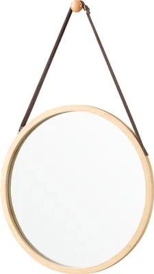 A round mirror with a wooden frame and a leather strap hanging from a hook.