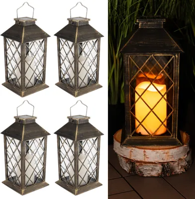 Obrázok produktu pre LUMILED 4x solárna lucerna pre vonkajšie solárne lucerny Vonkajšie LED sklenené svietidlo solárne svetlo so sviečkou blikajúci efekt sviečka IP44 Vintage patina