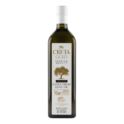 Creta Gold Unfiltered Olivenöl 1L Glasflasche auf weißem Grund