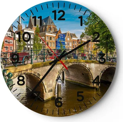 Produktbild von Wanduhr - Rund - Glasuhr - amsterdam Bögen Architektur Gebäude - 40x40cm - Schleichendes Uhrwerk - Lautlos - zum Aufhängen bereit - Dekoration Modern - Wanddekoration aus Glas - C4AR40x40-3173
