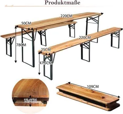 Produktbild von Faltbarer Biergarten-Set, 220 cm - Tragfähigkeit: 200 kg - Aus massivem Kiefernholz - Wetterbeständig - Für Innen- und Außenbereich