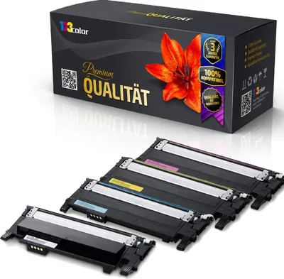 A product shot of toner cartridges and their packaging.