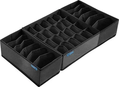 Immagine prodotto di Organizzatori per cassetti Unyqoos®, set di 3 contenitori pieghevoli per calze e biancheria intima, colore nero – 2 unità da 32x16x10 cm (6 scomparti), 1 unità da 32x32x10 cm (24 scomparti)