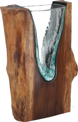 Produktbild von Vase aus Recycelingglas, Glasvase Teakholz - M13, Braun, Glas,Holz, 30*23*8 cm, Vasen & Blumentöpfe