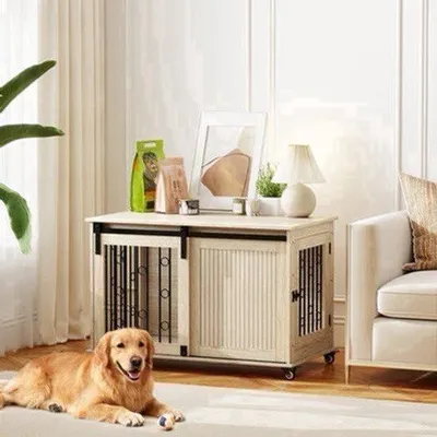 Obrázek produktu pro Klece pro psy na kolečkách - s posuvnými a bočními dveřmi - rozměry 100 x 56 x 65 cm - vyrobeno z dřeva a oceli - vhodné pro střední až velké psy