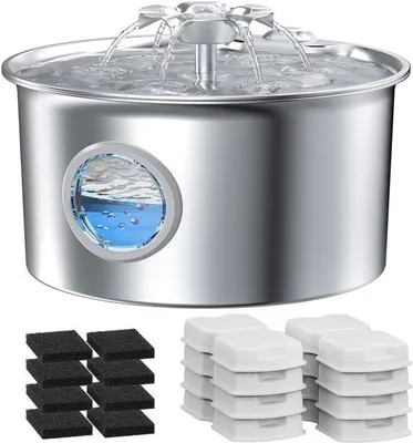Immagine prodotto di Fontana per gatti in acciaio inossidabile: 2,6 L - Fontana per gatti con acqua naturale - Design a cascata floreale - Con 8 filtri al carbone + 8 spugne