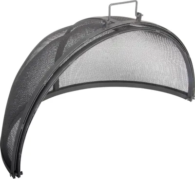 A gray mesh fire pit screen with a handle, shown against a white background.