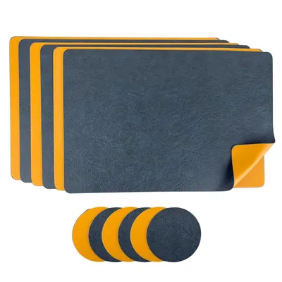 Produktbild von Platzset 6er Set Kunstleder abwaschbar, Wendbares Tischset 45x30cm, Platzdeckchen Modern klusive Glasuntersetzer (Navy/Curry)