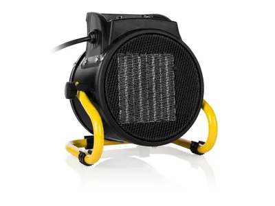 A black and yellow industrial fan heater is shown against a white background.
