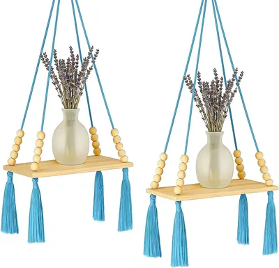 Produktbild von Hängeregal 2-teilige Wandregale aus Holzperlen, böhmische dekorative Wandregale mit Baumwollfransen, ästhetische Raumdekoration, Hängeregale, Wanddeko