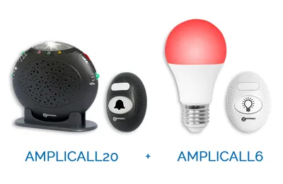 Produktbild von Geemarc AMPLICALL PACK 20-6 verstärkte Telefon-Zusatzklingel und Funk-Türklingel (max 95 dB) mit Blitzlicht und smarte Glühbirne