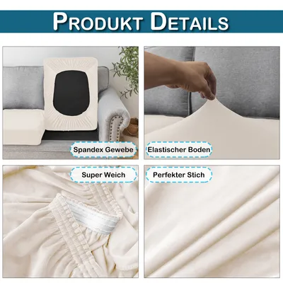 Produktbild von 2 Stück Sofa Überzug Samt für 1-Sitzer, Sofa Bezug mit Gummiband, Sitzkissen Bezug Elastisch Universal, Sofadecken für Sitzfläche Beige