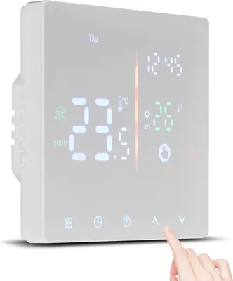 A digital thermostat with a touchscreen display showing temperature, time, and settings.