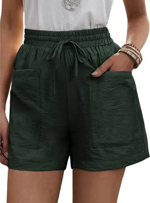 Produktbild von ASKSA Damen Shorts Sommer Lässige Sport Kurze Hose Einfarbig Hoher Taille Lockere Kordelzug mit Taschen, Armeegrün, S