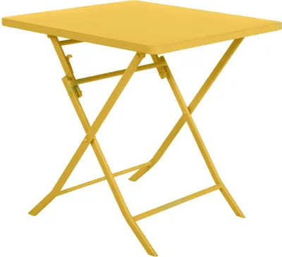 A yellow folding garden table on a white background.