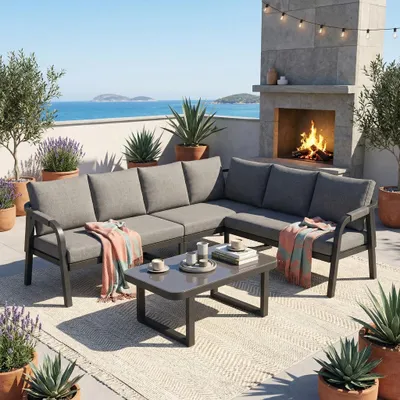 Produktbild von Eckiges Gartenmöbel-Set Grau für bis zu 6 Personen, geflochtene Arm- & Rückenlehnen, verzinkte Stahlrohre, stabil & wetterfest für Garten & Terrasse