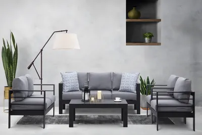 Produktbild von MeXo Gartenmöbelset, Loungeset Aluminium für 6-7 Personen mit Kissen und Couchtisch Indoor Outdoor Balkon schwarz (Sitzgruppe, Aluminiumrahmen)