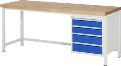 Produktbild von Werkbank mit 4 Schubladen - Teilauszug - 120:2 / 150:2 - 840 x 2.000 x 700 mm (HxBxT) - Traglast 1.250 kg - Buche