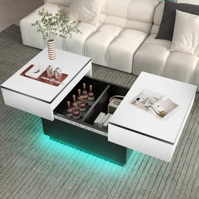 Produktbild von Couchtisch LED Beistelltisch für Schlafzimmer, Teetisch mit ausziehbar Tisch & Stauraum, Beistelltisch mit Bluetooth-Fernbedienung,App-Steuerung Weiß