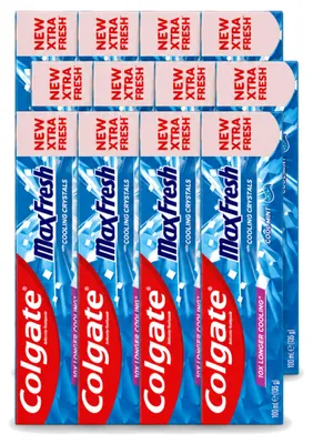 Imagen del producto de 12 unidades de pasta dental Colgate Max Fresh sabor menta fresca, 100 ml cada una. Paquete económico