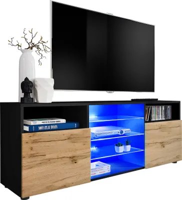 Produktbild von Komodee | TV-Schrank mit 3 Glasböden und 2 Türen Urbino, Korpus Schwarz Matt Frontfarbe Wotan Matt