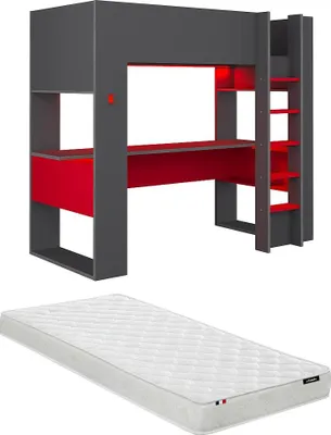 Produktbild von NOAH Gamer Mezzanine Bett mit Schreibtisch und Kommode - 90 × 200 cm - mit LED-Beleuchtung - anthrazit und rot, komplett mit Matratze