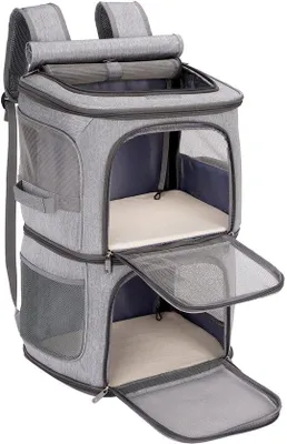Produktbild von Doppelter Katzenrucksack, 2-in-1, faltbar, Transportbox für 2 Katzen oder 1 große Katze bis 12 kg, abnehmbare Trennwand, grau