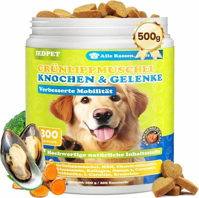 Produktbild von 14-in-1 Gelenktabletten Hund, Grünlippmuschel, MSM, Glucosamin, Chondroitin, Kollagen, Curcumin, L-Carnitin, 500 g Leckerli, Unterstützung Gelenke & K