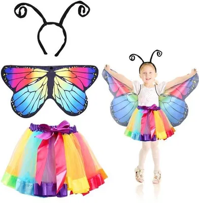 Productafbeelding van Vlinderkostuum voor Kinderen - 3-delig Set - Vleugels/Tutu/Haarband - Veelkleurig - Carnaval/Halloween - Creatief Design - Feestkostuum