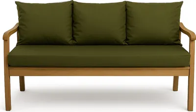 A green cushion set on a wooden sofa frame, presented against a white background.