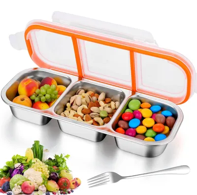 Snackbox aus Edelstahl mit 3 Fächern, inkl. Gabel und Deckel