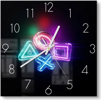 Produktbild von DEQORI Glasuhr 30x30 cm Zahlen 'Neon Gaming Symbole' Wanduhr Glas Uhr Design leise Küchenuhr