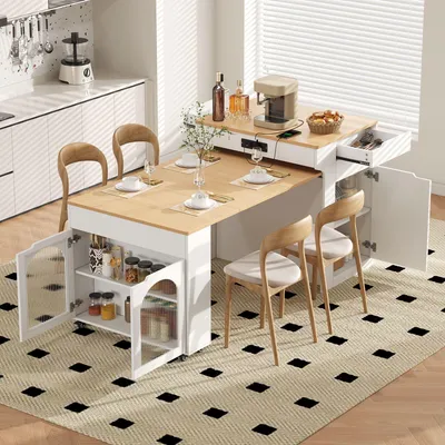 Productafbeelding van Merax keukenblok met wielen, uitschuifbaar eettafel met stopcontacten, deuren van geribbeld glas, 2 lades, bijzetkast, serveerwagen, wit