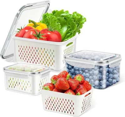 Produktbild von Kühlbox-Set, stapelbare Kühlbox-Organizer, 3er-Pack, recycelbare Obst- und Gemüsebehälter mit Deckeln, Abflussbecher