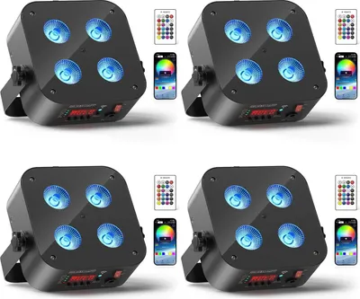 Produktbild von 4er-Set LED PAR - DMX Bühnenstrahler - 4×18W RGBWA+UV 6‑in‑1 (72W) - Wiederaufladbarer Akku - DMX512/RDM, App & Fernbedienung - 6/8/10 Kanäle - Warmweiß