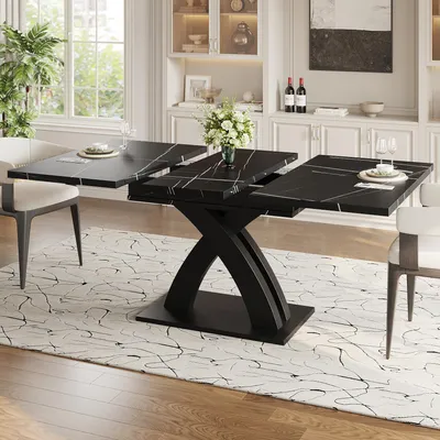 Produktbild von Flieks Esstisch Esszimmertisch mit ausziehbarer Tischplatte, Rechteckiger Küchentisch mit X-förmigem Tischbeinen, 120-160x80x76cm, Schwarz