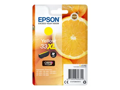 Produktbild von Epson Oranges Singlepack Yellow 33XL Claria Premium Ink, High (L) Yield, Gelb, Tinte auf Pigmentbasis, 8,9 ml, 1 Stück(e), Einzelpackung