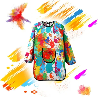 Produktbild von Malkittel Kinder 6-12 Jahre, bunte Schürze, große Taschen, für Schule und Kunst