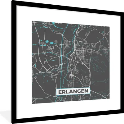Produktbild von MuchoWow® Gerahmtes Poster Deutschland - Blau - Erlangen - Stadtplan - Karte 40x40 cm - Poster mit Schwarzem Bilderrahmen Wandposter Rahmen Foto Bilder - Poster - Plakat im Rahmen