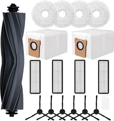 A collection of robot vacuum cleaner accessories laid out on a white background.
