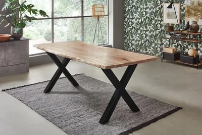 Produktbild von Esstisch Baumkante Akazie naturfarben 120 x 80 cm X-Gestell schwarz FREDERIK