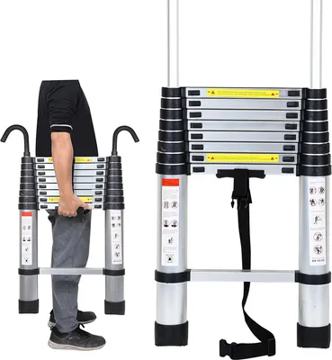 Produktbild von Jopassy Teleskopleiter Mit Haken Ausziehleiter bis 150kg Stabil Aluminium Stehleiter Silber Silber 2.6m
