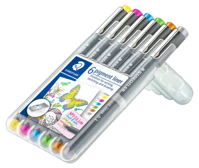 Obrázek produktu pro Staedtler Pigment Liner, Hnědá, Šedá, Světle modrá, Světle zelená, Purpurová, Žlutá, Extra jemný, Černá, Kulatý, Inkoust na pigmentové bázi, 0,3 mm