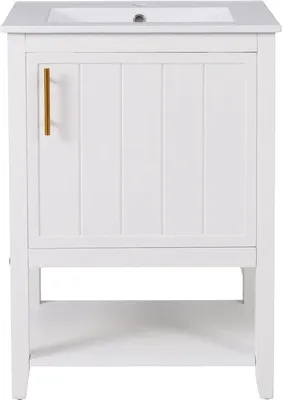 Image de Meuble de salle de bain - 60 cm - Meuble sous vasque en bois avec étagère - Lavabo en céramique - Design compact
