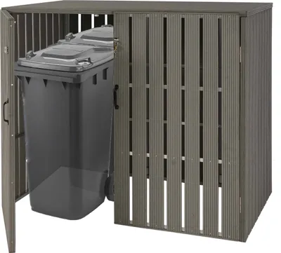 Produktbild von XL 2er-/4er-WPC-Mülltonnenverkleidung HWC-J28, Mülltonnenbox, Metall Holzoptik, erweiterbar grau