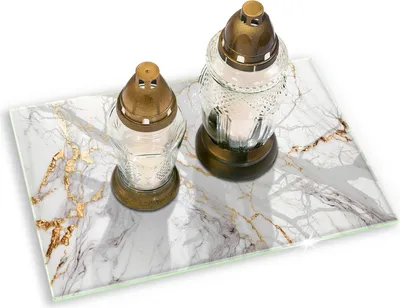 Produktbild von Untersetzer für Grabkerze Motiv Grabstein Gummifüße - 80x52 cm - Heller Marmor mit Gold