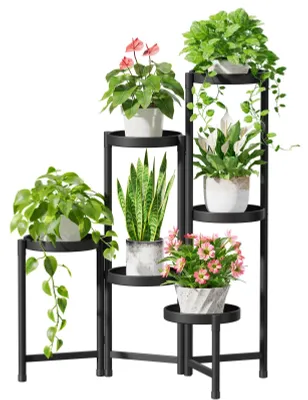 Produktbild von Metall-Pflanzenständer mit 6 Ebenen, Blumenständer, Pflanzenregal, Blumenregal für drinnen und draußen, faltbares Pflanzenregal für drinnen, Garten, Balkon, Wohnzimmer (rund, schwarz)